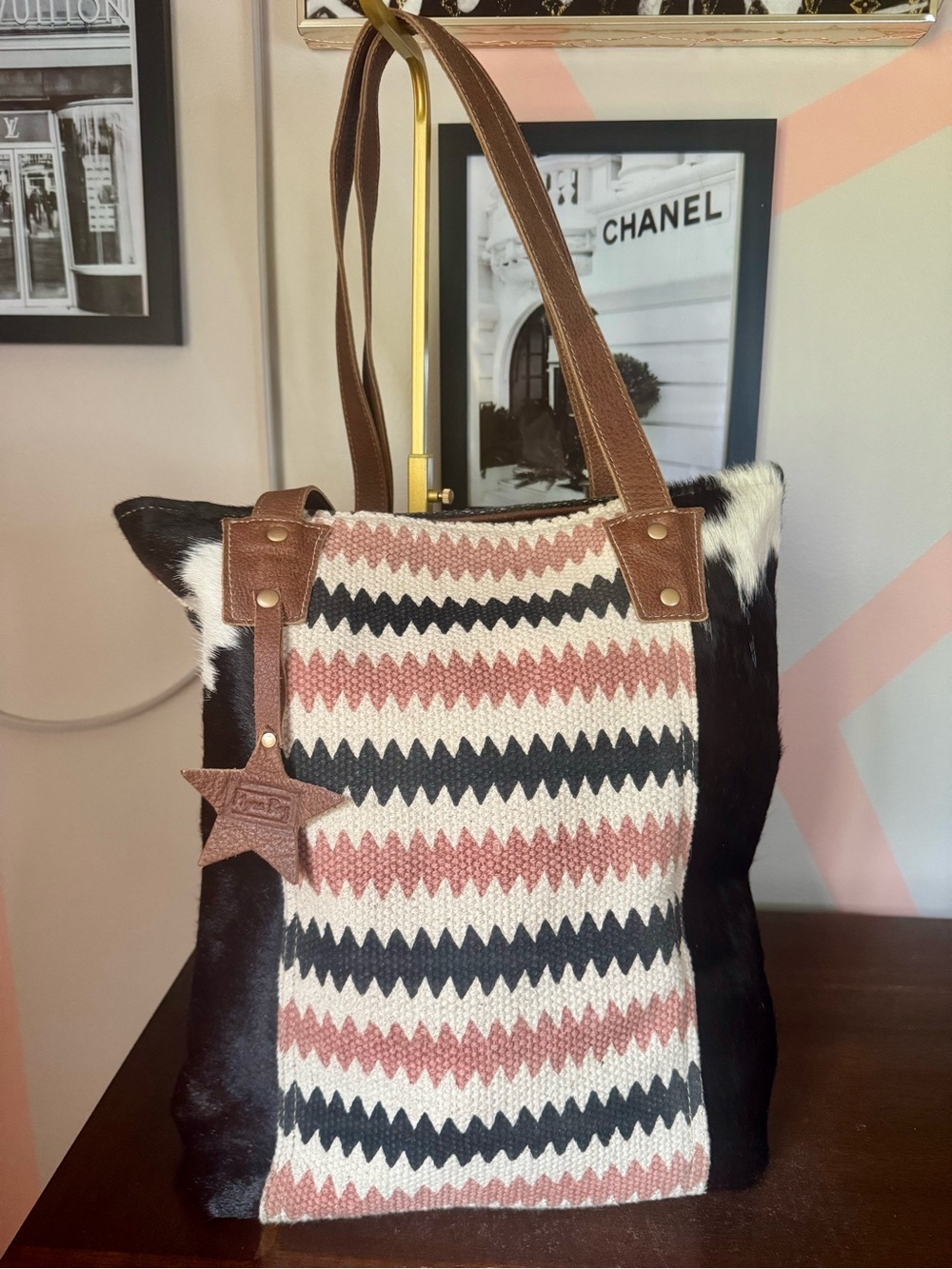 Myra Shoulder Tote Tote Bag with Brown Leather Trim and Calf Hair